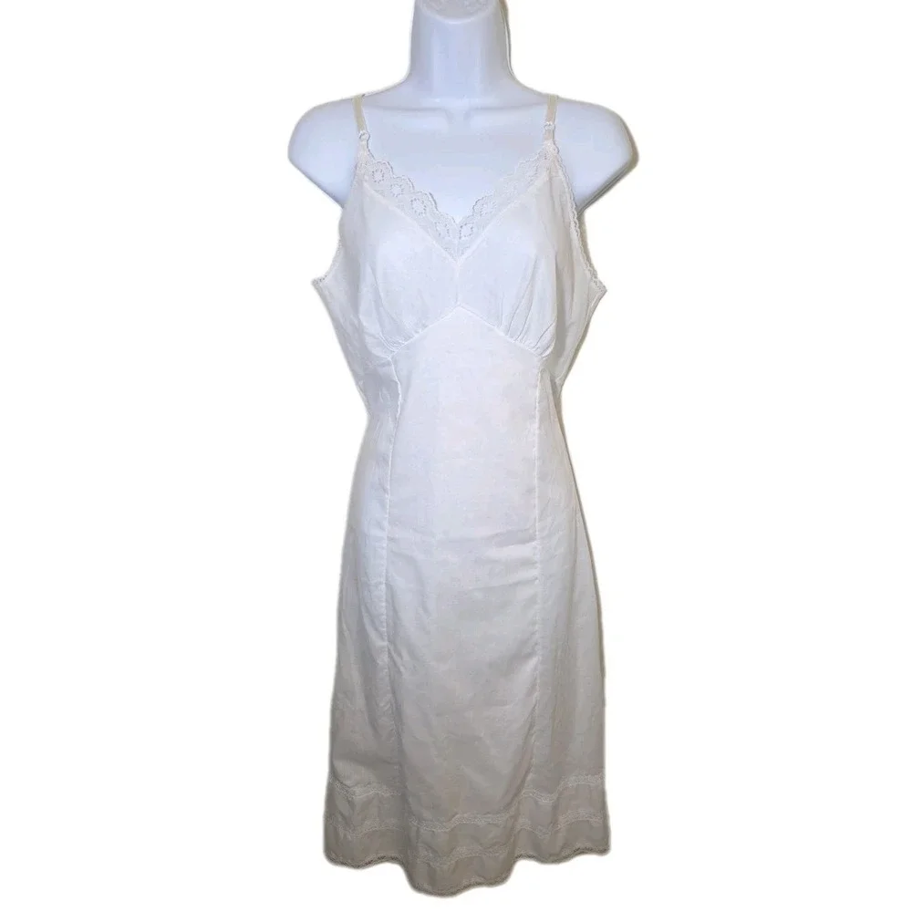 Vtg 1984 White Chemise Slip Dress Cotton Blend Swiss Eyelet Lace Sears Size 36 M